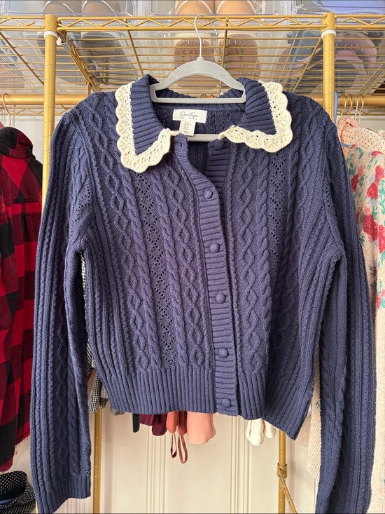 Jessica Simpson Sweaters - Jessica Simpson Navy Cable Knit Cardigan with Cream Crochet Collar